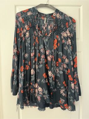 Free People Dark Floral Smocked Tie-Neck Blouse - Black with Red & Pink